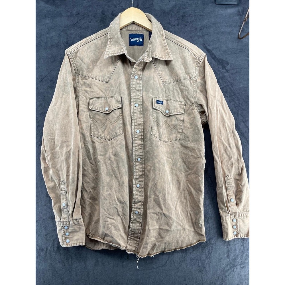 Wrangler Mens Tan Acid Wash Pearl Snap Western Shirt Medium 112345070 Raw Hem